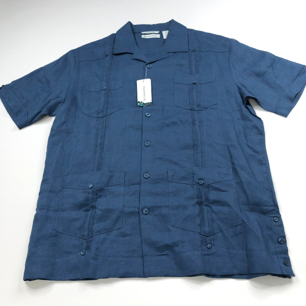 Cubavera NEW Medium 100% Linen Button Short Sleeve Collared Shirt Blue